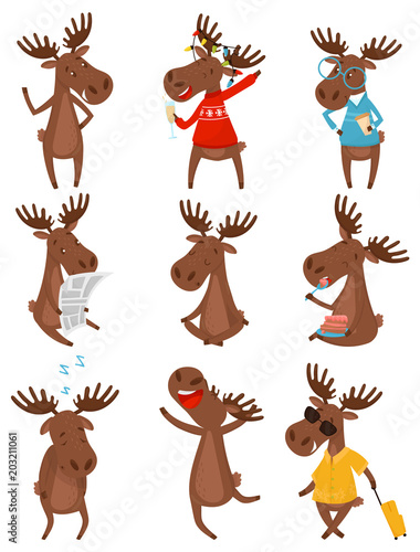 Flat vector set of funny brown moose elk in various actions. Wild forest animal with large branched horns