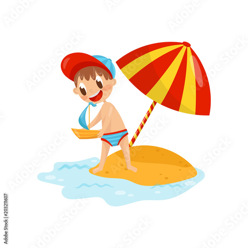 Cheerful little boy putting toy sailboat into water. Summer vacation. Funny kid in cap and swimwear. Flat vector design