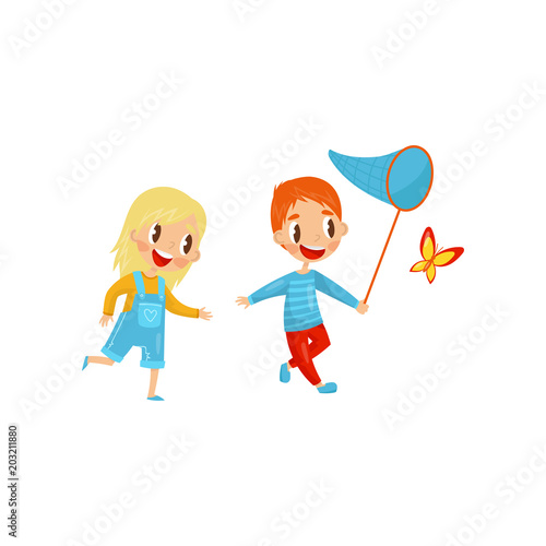Happy kids catching butterfly. Cute boy and girl. Active summer recreation. Outdoor activity. Flat vector design