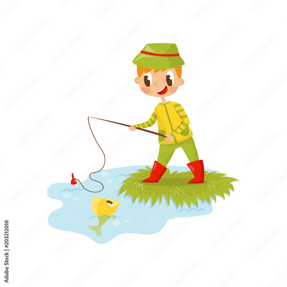 Funny red-haired boy fishing on the shore. Summer recreation. Kid with fish rod. Flat vector design