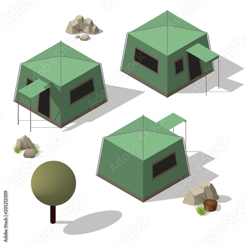 Isometric set of tourist tents.