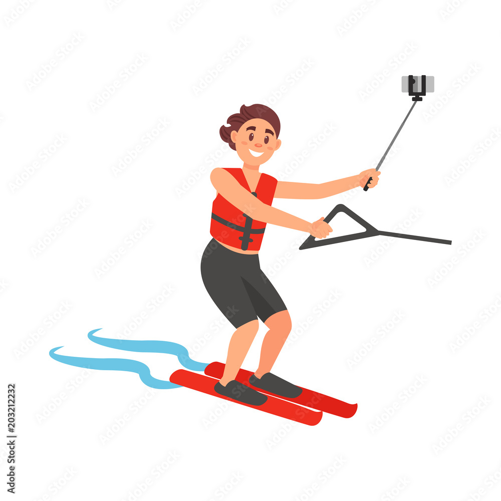 Cheerful man taking selfie while standing on water skis. Young guy in shorts and safety vest. Colorful flat vector design