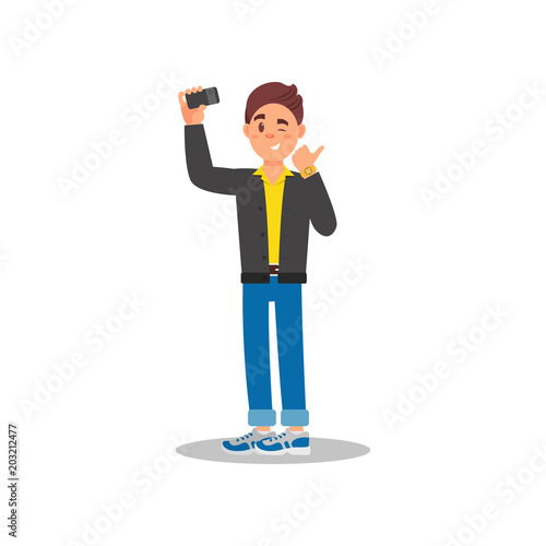 Handsome guy taking selfie with his cell phone. Young man winking eye and showing thumb up. Colorful flat vector design