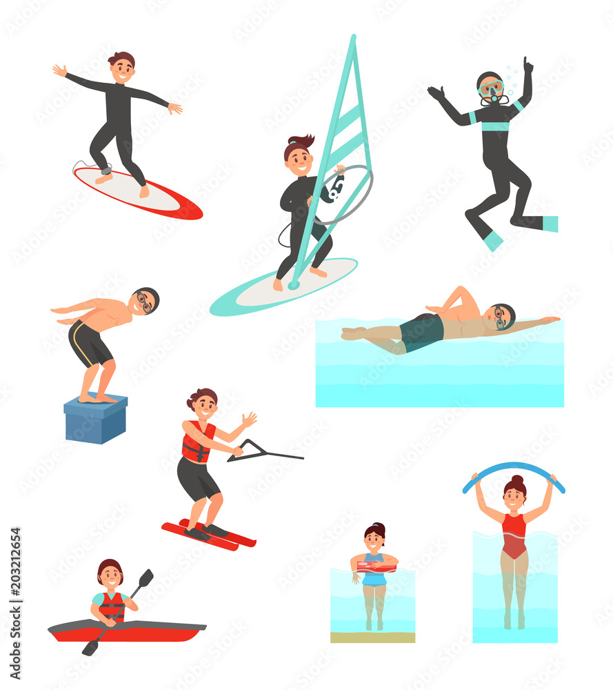 Flat vector set with young people involved in various water sports. Summer vacation. Active lifestyle