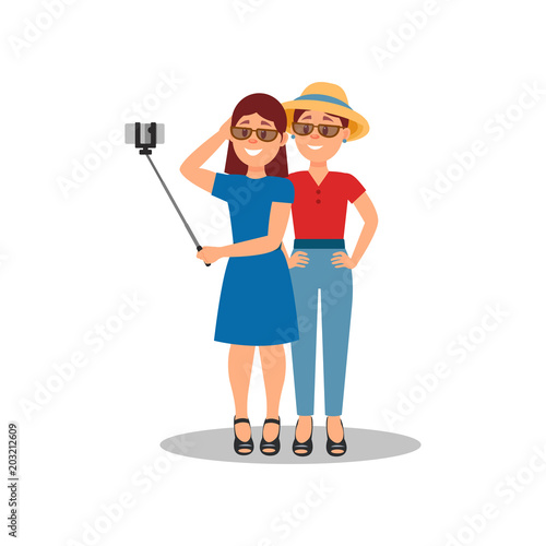 Two young girls making selfie for social media. Beautiful woman holding monopod with her cell phone. Flat vector design