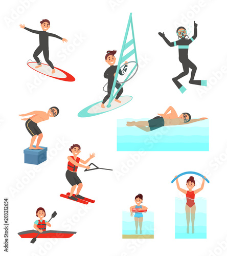 Flat vector set with young people involved in various water sports. Summer vacation. Active lifestyle