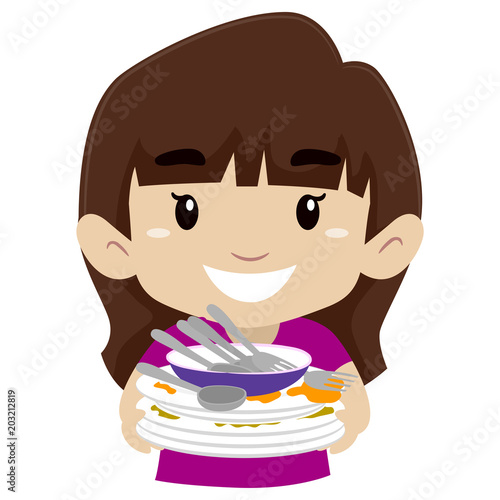 Illustration of a Little Girl holding pile of dirty dishes