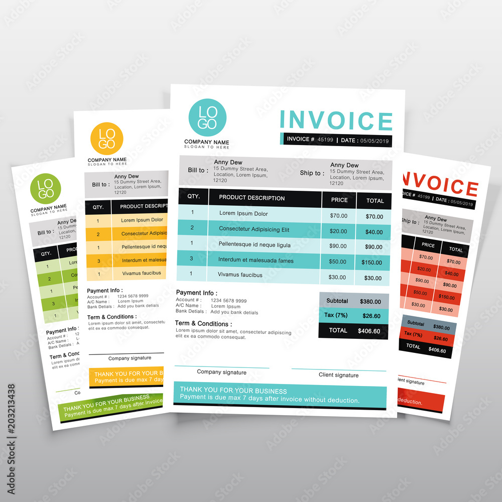 Invoice template vector design. Green ,yellow,blue and orange minimal quotation design. Invoice template vector design. Green ,yellow,blue and orange minimal quotation design.