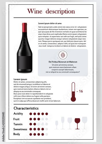 Vector illustration.Brochure,form describing the characteristics of red wine.Feed temperature,brief description,history of origin, tableware glass for serving,taste criteria.Tannins,acidity,fortress.