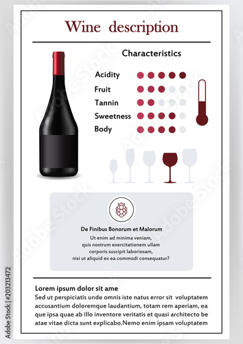 Vector illustration.Brochure,form describing the characteristics of red wine.Feed temperature,brief description,history of origin, tableware glass for serving,taste criteria.Tannins,acidity,fortress.