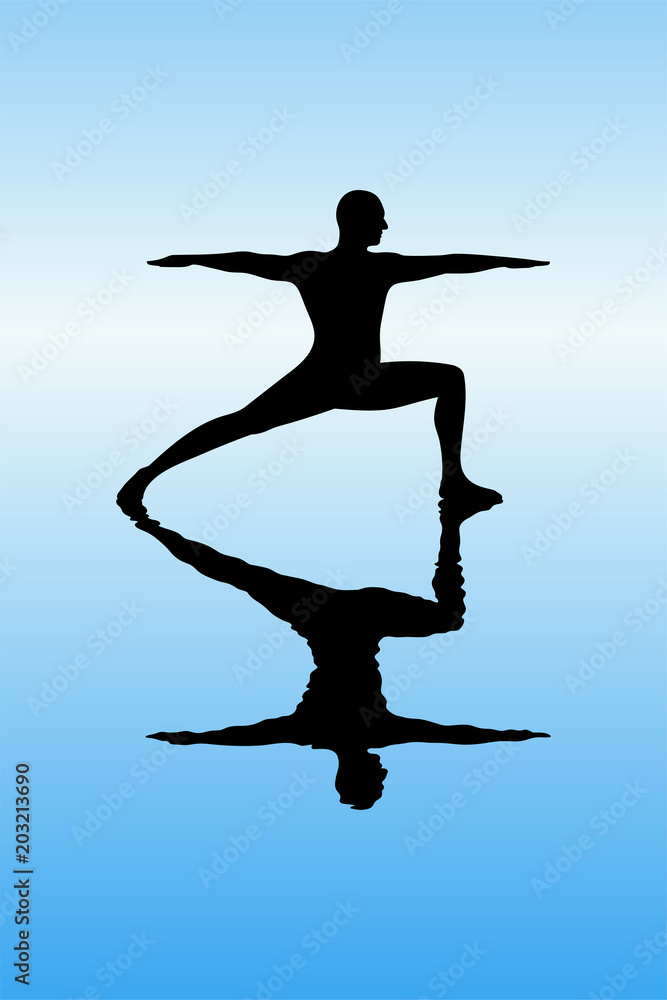 Yoga in morning. Vector illustration with isolated silhouette of yogi in pose of warrior. Blue pastel background