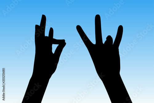 Yoga for fingers in morning. Vector illustration with isolated silhouette of hands, showing mudra of Earth. Blue pastel background