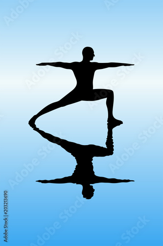 Yoga in morning. Vector illustration with isolated silhouette of yogi in pose of warrior. Blue pastel background