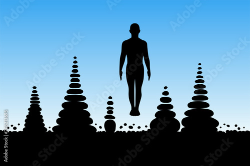 Yoga in morning. Vector conceptual illustration with isolated silhouette of yogi in pose of tadasana and pyramids of stones. Blue pastel background