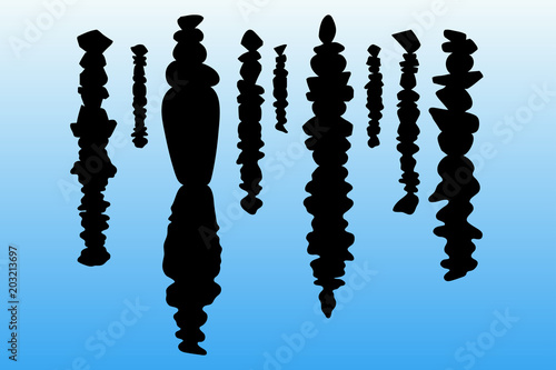 Pyramids of stones in morning. Vector illustration with isolated silhouette of balancing pebble reflected in water. Blue pastel background