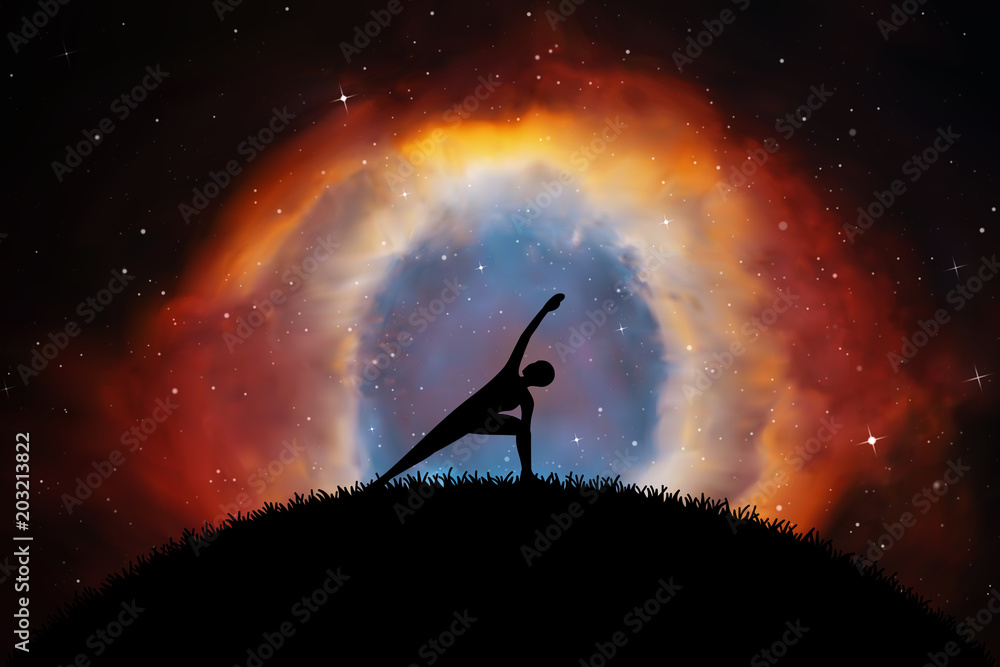 Fototapeta premium Yoga at night. Vector illustration with silhouette of yoga girl on grass. Abstract background with Helix Nebula