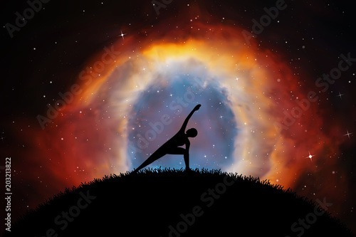 Yoga at night. Vector illustration with silhouette of yoga girl on grass. Abstract background with Helix Nebula