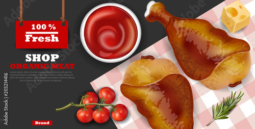 Chicken wings Vector realistic. Fresh organic meat 3d illustration layout ban...