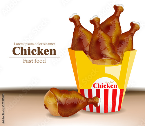Chicken wings box Vector realistic. Fresh organic meat 3d illustration layout