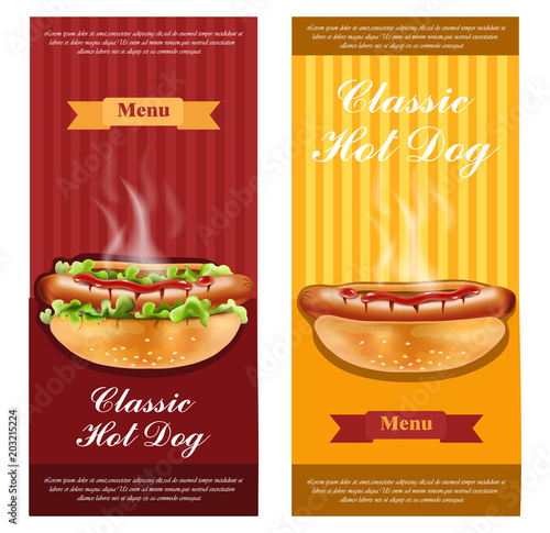 Hot dog flyers set Vector realistic. Detailed 3d illustration layouts