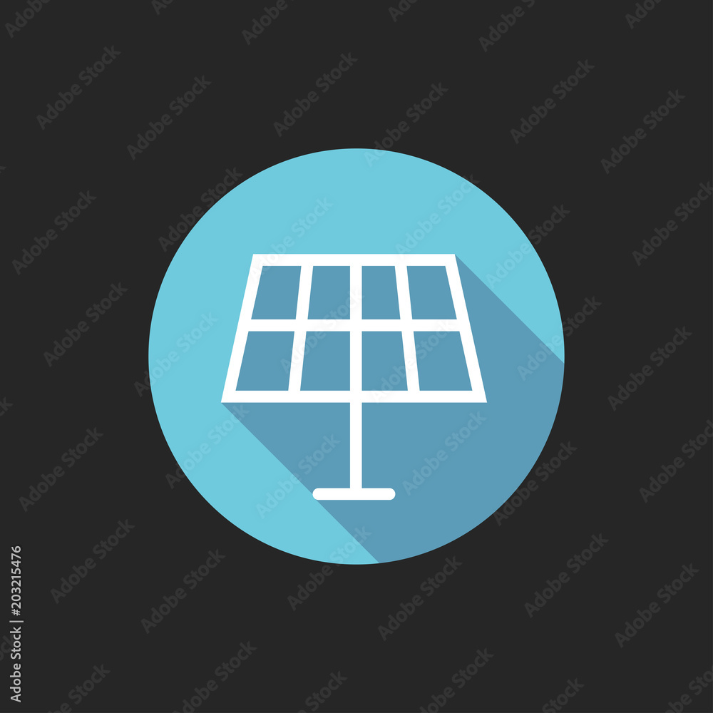 Elegant Universal White Minimalistic Thin Line Solar Panel Icon with Shadows on Circular Color Button on Black Background 