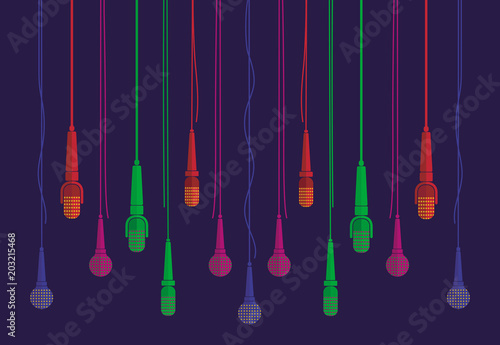 Varicolored microphones vector set in a flat style white isolated. Creative concept to illustrate an reportage, interview, karaoke, song, music.