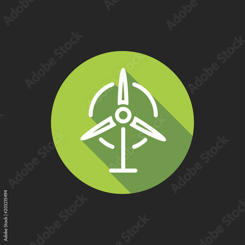 Elegant Universal White Minimalistic Thin Line Windmill Icon with Shadows on Circular Color Button on Black Background 