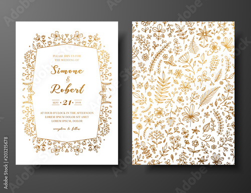 Golden vector wedding invitation with hand drawn twigs, flowers and brahches. Golden botanical template for wedding invite, save the date card, greeting card, place for your text, printable