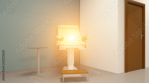 Colposcope and gynecologicalchair in medical centre. 3D rendering.. Sunset