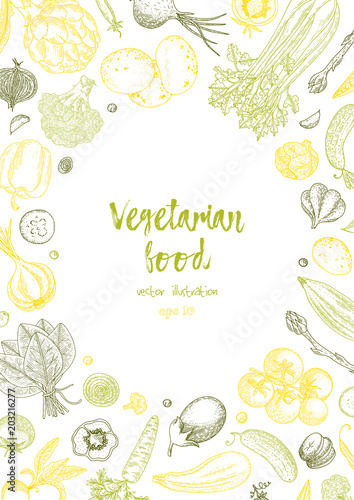 Vegetarian food. Vegetable hand drawn vintage vector illustration. Farm market poster. Healthy life. Vector composition of fresh vegetables. Detailed food drawing. Great for menu  banner  flyer.