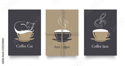 Vector set of modern posters in coffee style. Vintage or retro templates for flyers, invitations, restaurant or cafe menu design. Cappuccino cups with milk foam in form of cat and soaring treble clef.
