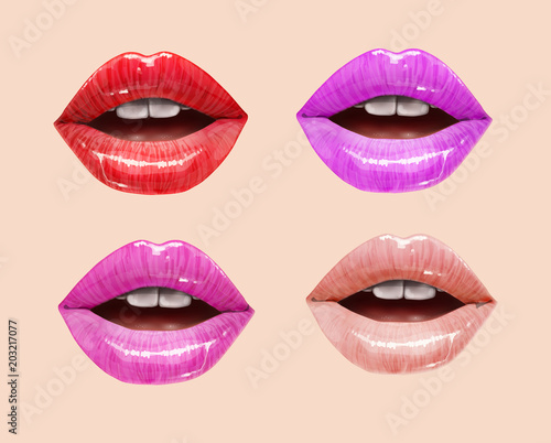 Pink, red and nude sensual juicy lips collection. Mouth set. Vector lipstick or lip gloss 3d realistic illustration.
