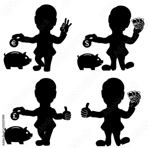 Set of four man situations with money