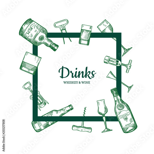 Vector hand drawn alcohol drink bottles and glasses