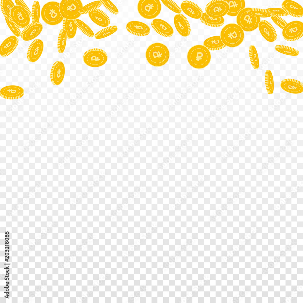 Russian ruble coins falling. Scattered small RUB coins on transparent background. Eminent abstract top border vector illustration. Jackpot or success concept.