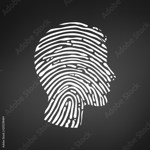 Symbol fingerprint head, White fingerprint sign line , Vector illustration isolated on modern black background.