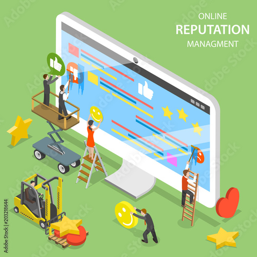 Reputation management flat isometric vector. Group of people are trying to replace negative symbols of customer feedbacks with positive ones.