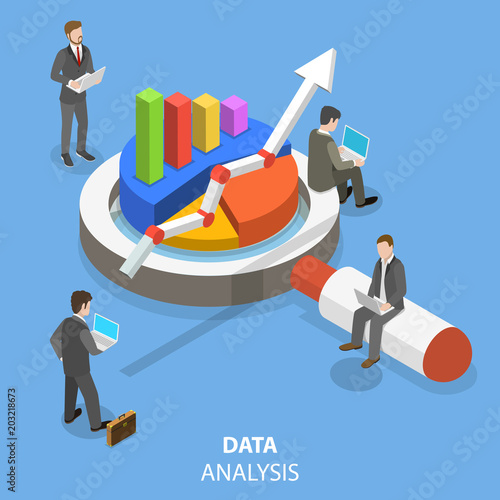 Data analysis flat isometric vector concept. A business team is investigating some information with around the huge magnifying glass and some kinds of finance charts and diagrams.