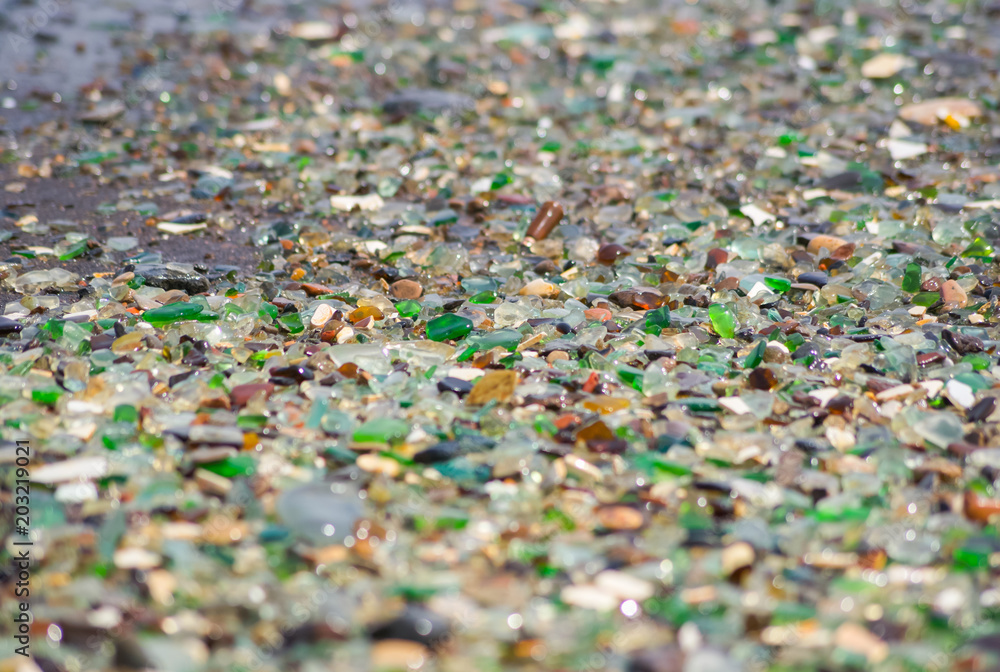 Glass beach, colorful polished sea glass, ceramics Glass beach, colorful polished sea glass, ceramics