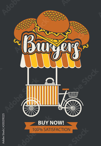 Vector banner with bicycle shop for selling burgers in retro style on black background. Street vendor burgers, stall on wheels. Fast food, healthy and unhealthy food