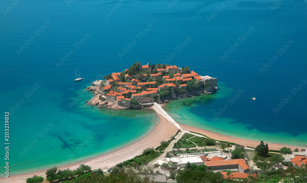 Sveti Stefan island in Budva in a beautiful summer day, Montenegro. Beautiful destinations.
