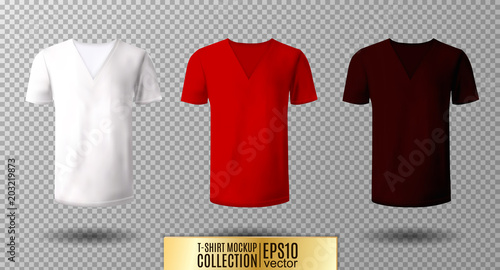 Realistic vector v-neck t-shirt mock up illustration. White, red, vinous