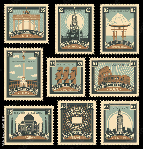 Vector set of postage stamps on the travel theme from different countries with historical architectural sights landmarks