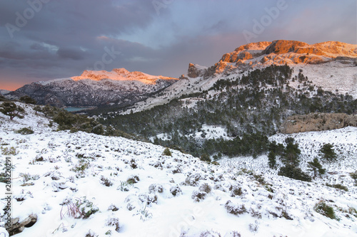 Majorca Serra de Tramuntana mountains covered by snow. Winter landscape in Balearic Islands.
