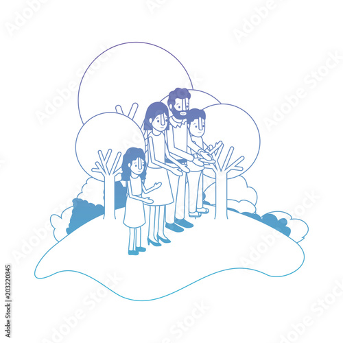 parents couple with son and daughter in field landscape vector illustration