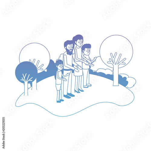 parents couple with son and daughter in field landscape vector illustration