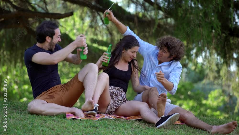 The joy and the care of the summer: friends shuffle with beer in a park The joy and the care of the summer: friends shuffle with beer in a park