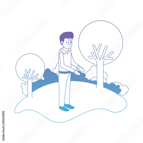 isometric man in field landscape avatar character vector illustration design