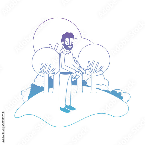 isometric man with beard in field landscape avatar character vector illustration