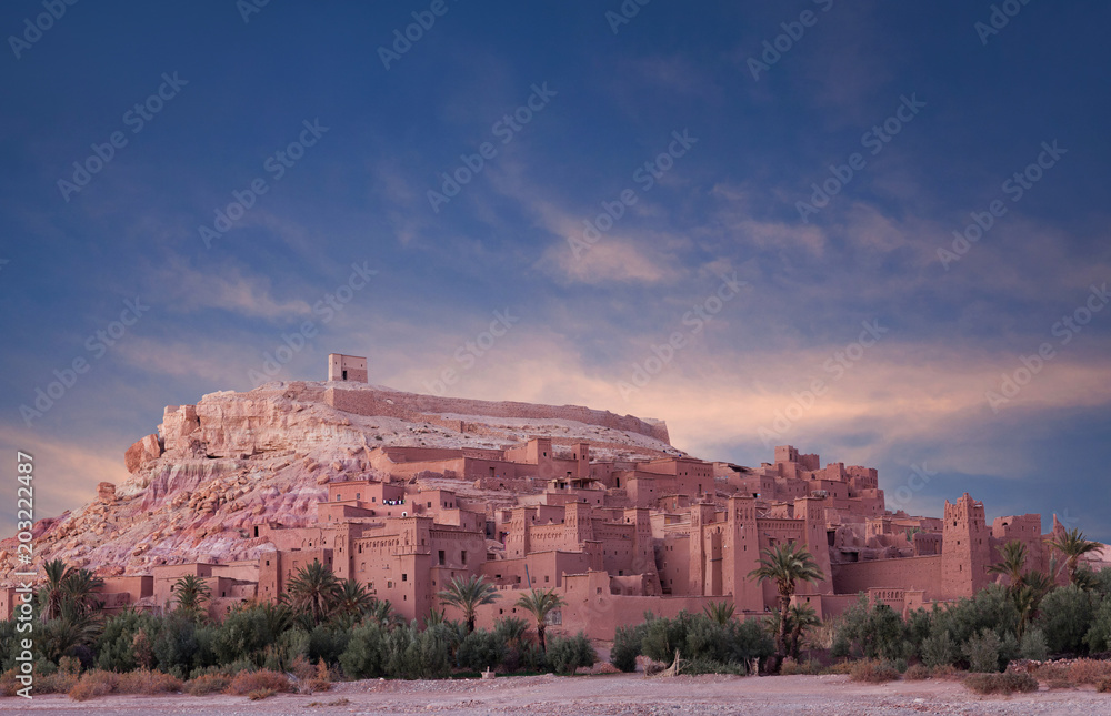 Panorama of Ait Benhaddou Casbah at sunset near Ouarzazate city in Morocco, Africa